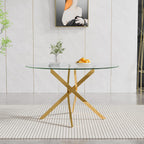47.24" Round Dining Table for 6 8, Modern Clear Glass Kitchen Table for 6 with Gold X Metal Legs, Contemporary Circle Dining Room Leisure Tables for Kitchen Apartment