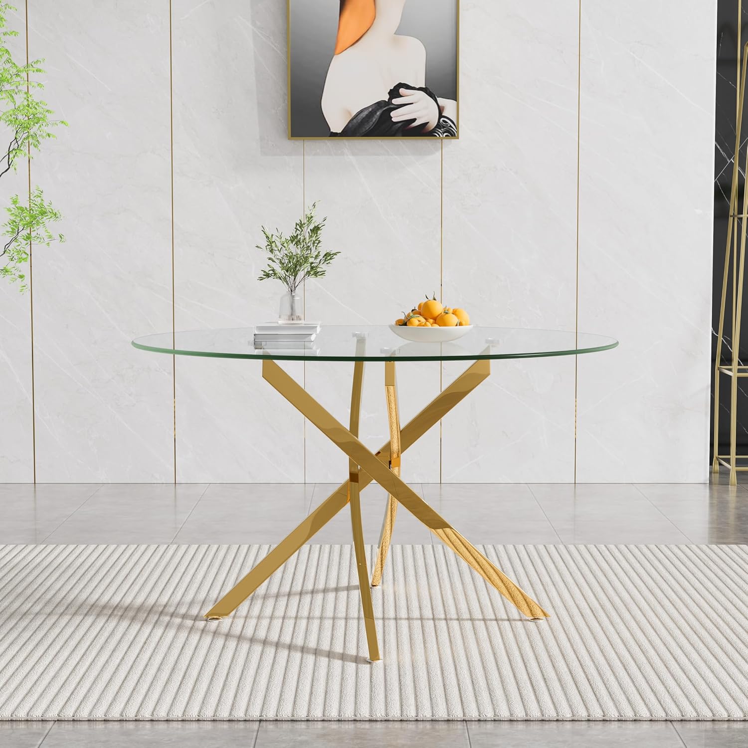 47" Round Glass Dining Table for 4-6, Circle Kitchen Table with Tempered Glass Top & Gold Metal Cross Legs, Modern Glass Dinner Table for Kitchen Dining Room Small Apartment
