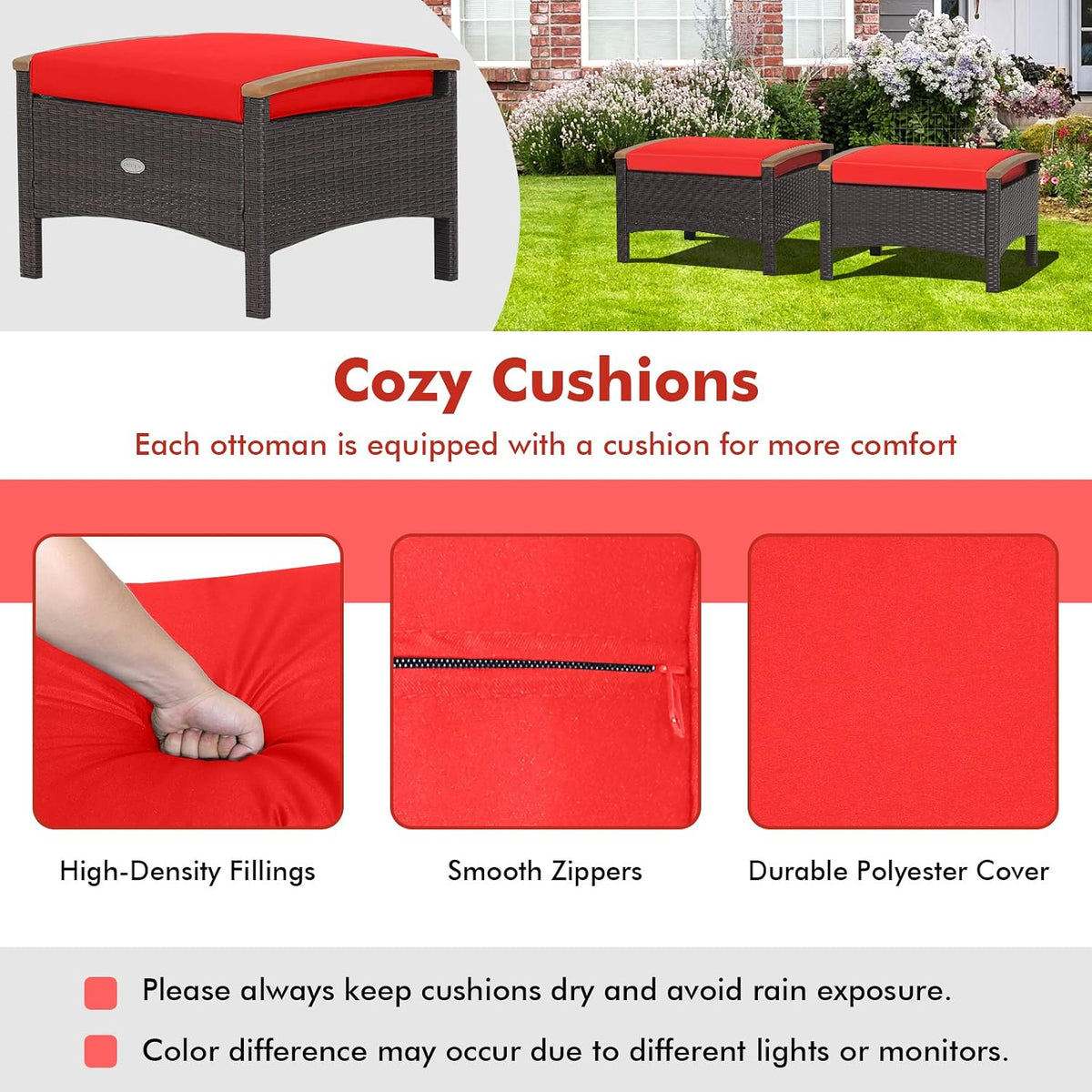 ORALNER Outdoor Ottoman, Set of 2 Rattan Footstools, All-Weather Wicker Foot Stools w/Removable Cushions, Patio Footrest Extra Seating for Porch, Poolside, Garden, Deck, Easy Assembly (Red)