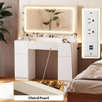 INNOD 44" Vanity Desk with Large Mirror and Lights, Modern Glass Top Makeup Vanity Set with Power Outlet, 3 Drawers and 2 Cabinet, 3 Lighting Color Adjustable Dressing Table for Bedroom,Pure White