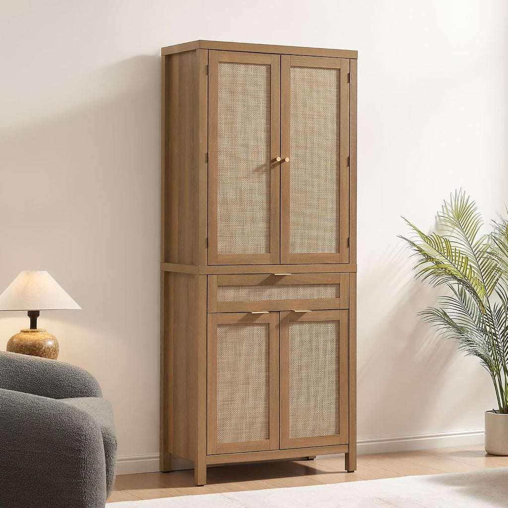 SICOTAS 72 inch Pantry Cabinet with Drawer & 4 Doors, Rattan Buffet Cabinet | Farmhouse Boho Freestanding Cupboard Pantry, Tall Storage Cabinet with Storage for Living Room, Dining Room