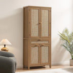 SICOTAS 72 inch Pantry Cabinet with Drawer & 4 Doors, Rattan Buffet Cabinet | Farmhouse Boho Freestanding Cupboard Pantry, Tall Storage Cabinet with Storage for Living Room, Dining Room