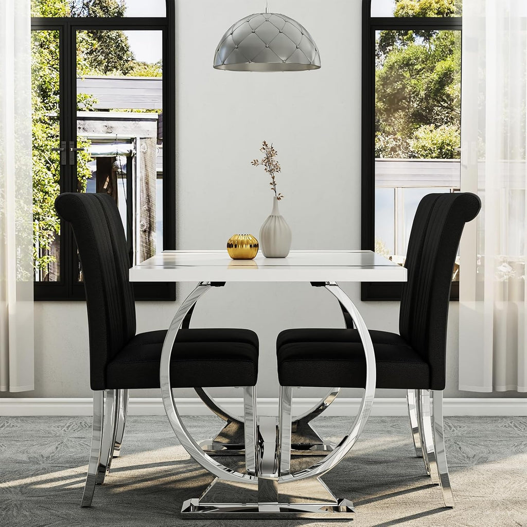 Asday Black and Silver Dining Chairs Set of 2, Modern Faux Leather Upholstered Dining Room Chairs with High Back and Metal Chrome Legs for Kitchen, Living Room, Restaurant, Apartment