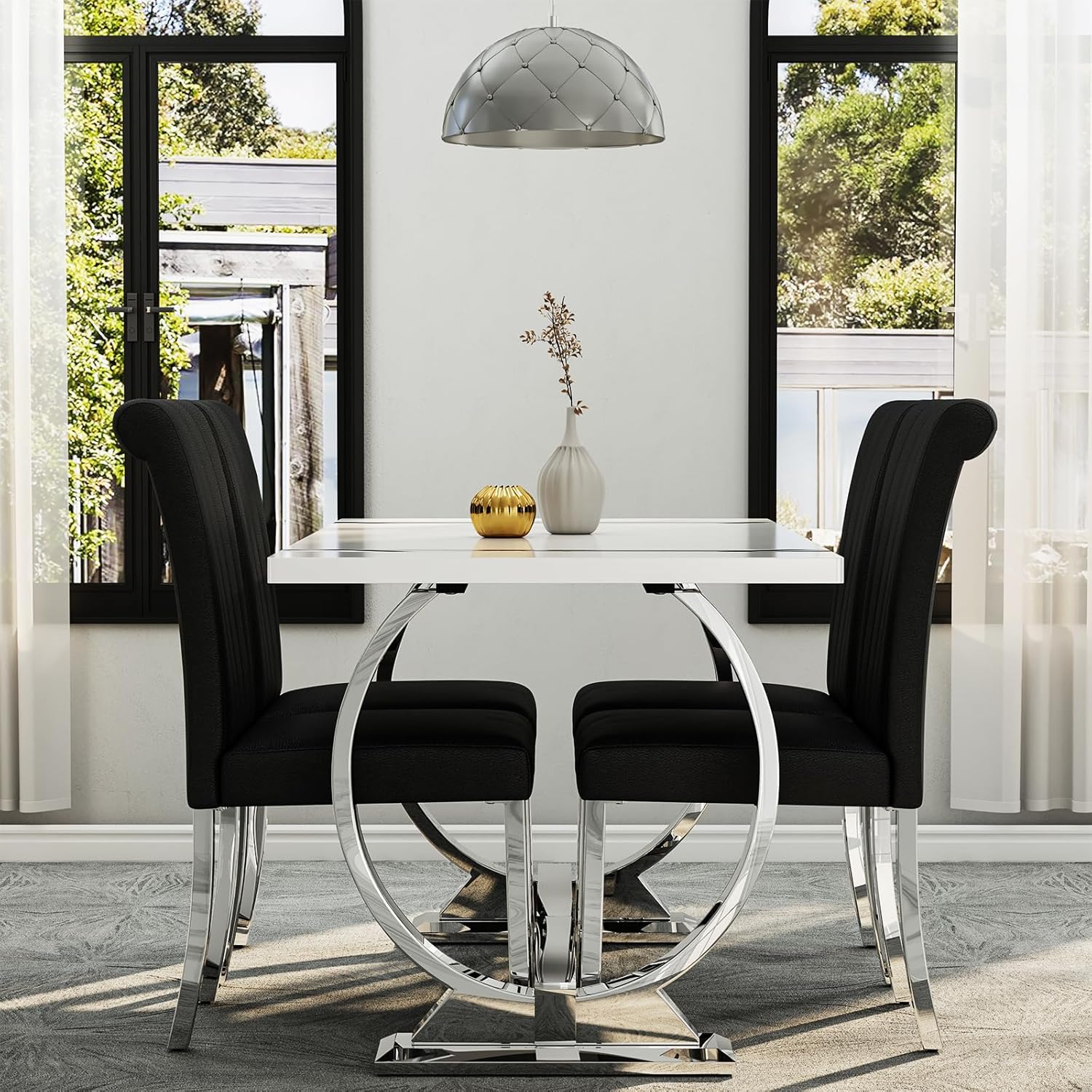 Asday Black and Silver Dining Chairs Set of 2, Modern Faux Leather Upholstered Dining Room Chairs with High Back and Metal Chrome Legs for Kitchen, Living Room, Restaurant, Apartment