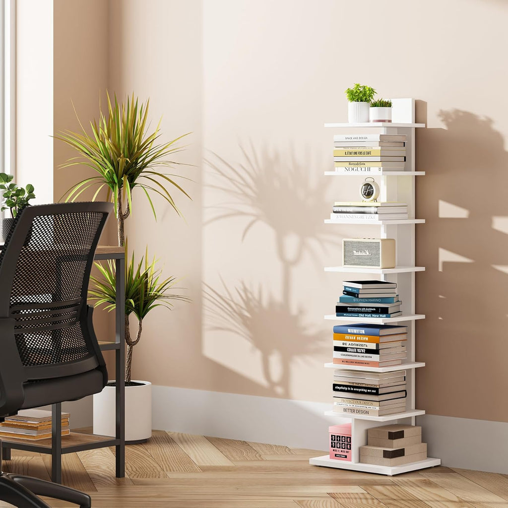 TUTOTAK Narrow Bookshelf, 8-Tier Bookcase, Spine Book Shelf for Small Space, Corner Standing Shelf for Living Room, Office, Study, Entryway, White BS06BW008