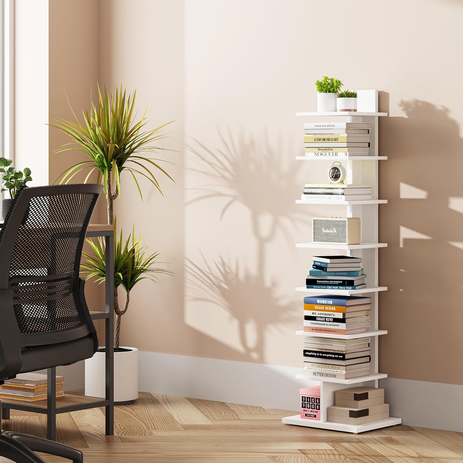 TUTOTAK Narrow Bookshelf, 8-Tier Bookcase, Spine Book Shelf for Small Space, Corner Standing Shelf for Living Room, Office, Study, Entryway, White BS06BW008