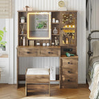 AOGLLATI Farmhouse Vanity Desk with Mirror and Lights, Makeup Vanity Set with Lights & Jewelry Cabinet & 5 Drawers, Vanity Table with Charging Station, Hidden Storage Space for Bedroom, Brown