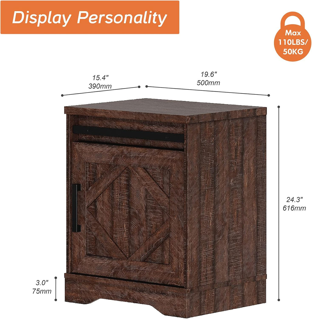 WAMPAT 24.3" H Storage Cube,Rustic End Table with Drawers and Adjustable Storage Shelves, Wood Side Table with Barn Doors for Living Room,Bedroom,Dark Walnut Brown