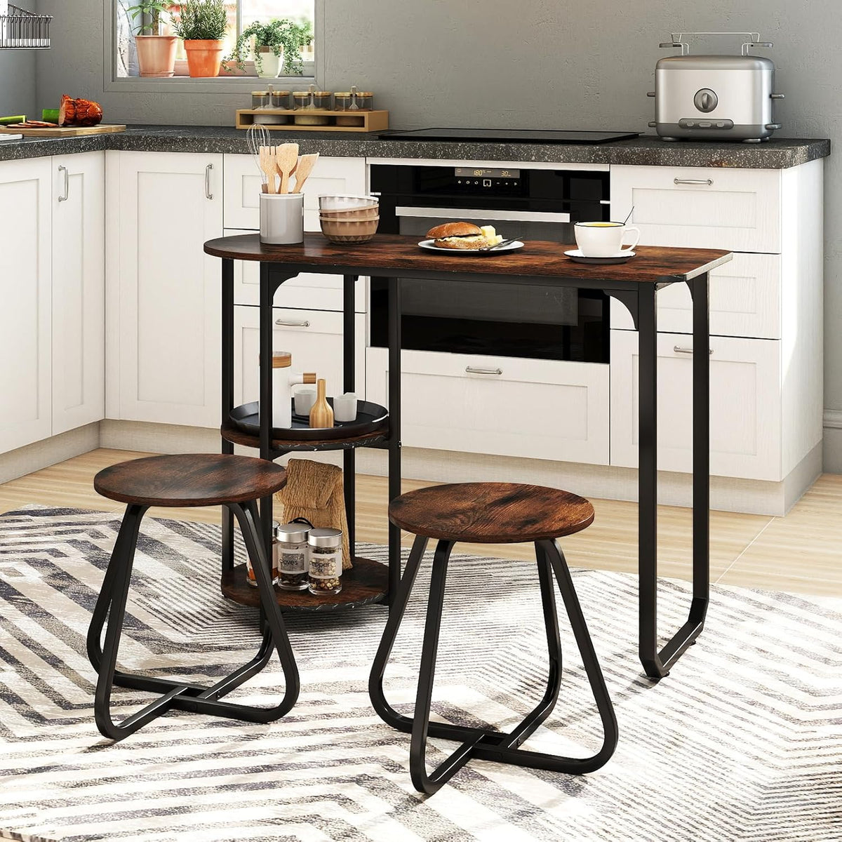 GOFLAME 3-Piece Dining Table Set, Wooden Industrial Kitchen Table and 2 Stools with 2-Tier Storage Shelves and Metal Frame, Space Saving Dinette Set for Living Room, Breakfast Nook, Rustic Brown
