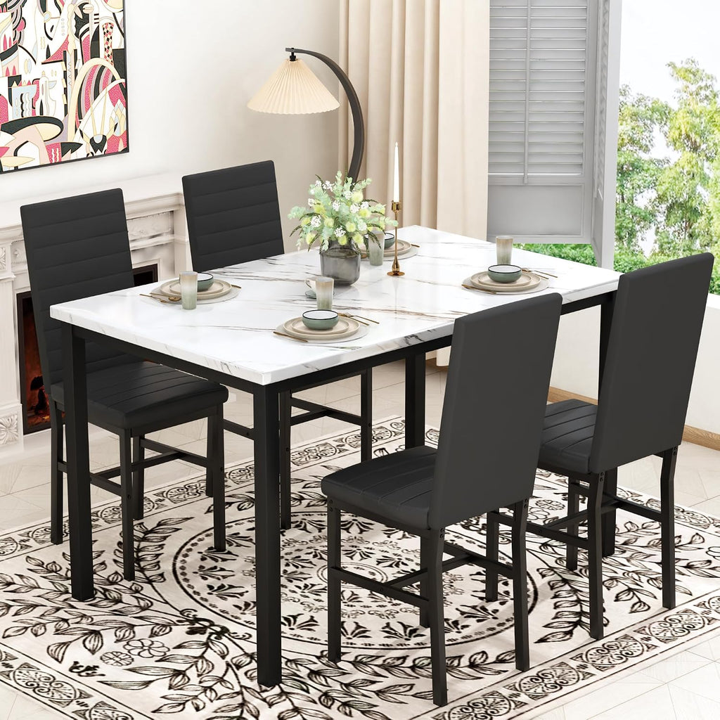 Hooseng 5 Piece Dining Table Set for 4, Faux Marble Kitchen Table with Upholstered Chairs, Modern Dinner Table Set for Dining Room, Small Spaces, White＆Black