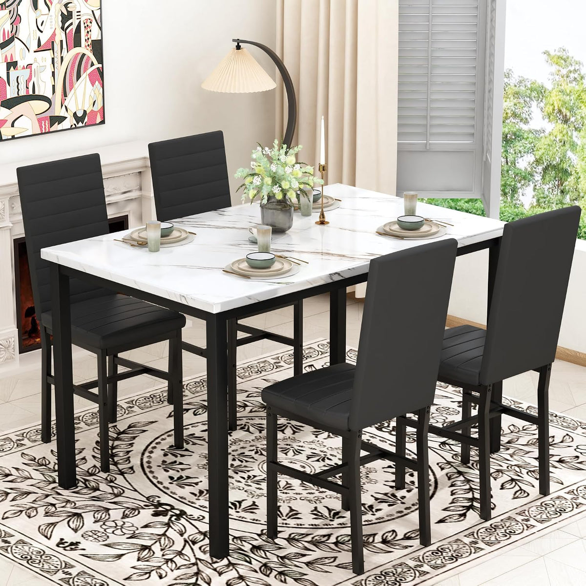 Hooseng 5 Piece Dining Table Set for 4, Faux Marble Kitchen Table with Upholstered Chairs, Modern Dinner Table Set for Dining Room, Small Spaces, White＆Black