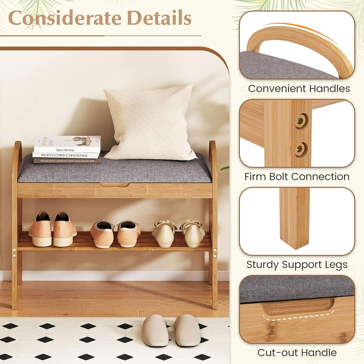 Giantex Shoe Bench with Flip-Top Storage, Bamboo 2-Tier Entryway Bench with Padded Cushion, Shoe Rack Bench for Hallway, Closet, Foyer, Living Room, Bedroom, Mudroom (with Flip-Top Storage)