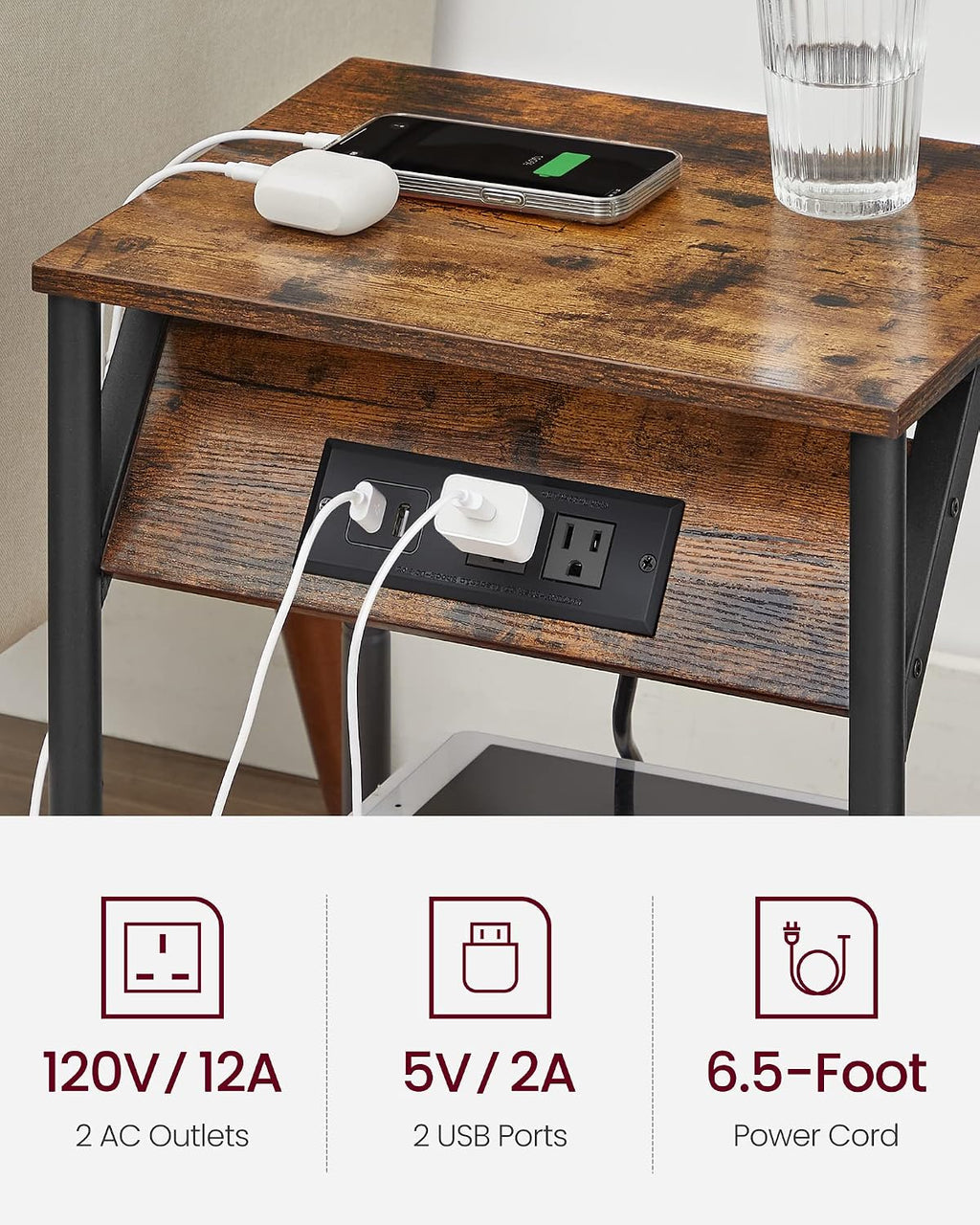 VASAGLE End Table with Charging Station, Set of 2, Small Side Tables