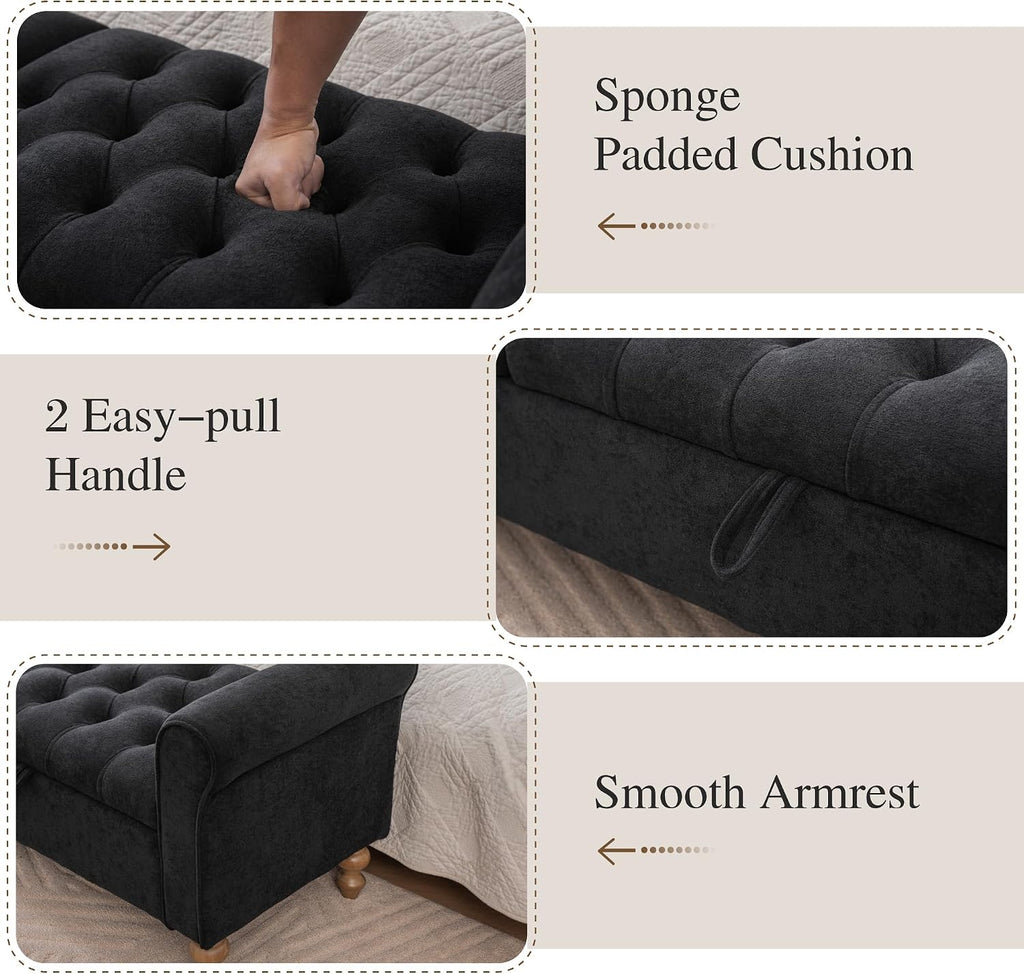 Chifee & Vingol 65" Storage Ottoman Bench Upholstered End of Bed Bench Modern Entryway Benches Double Openings Window Benches for Bedroom Living Room Entryway,Black