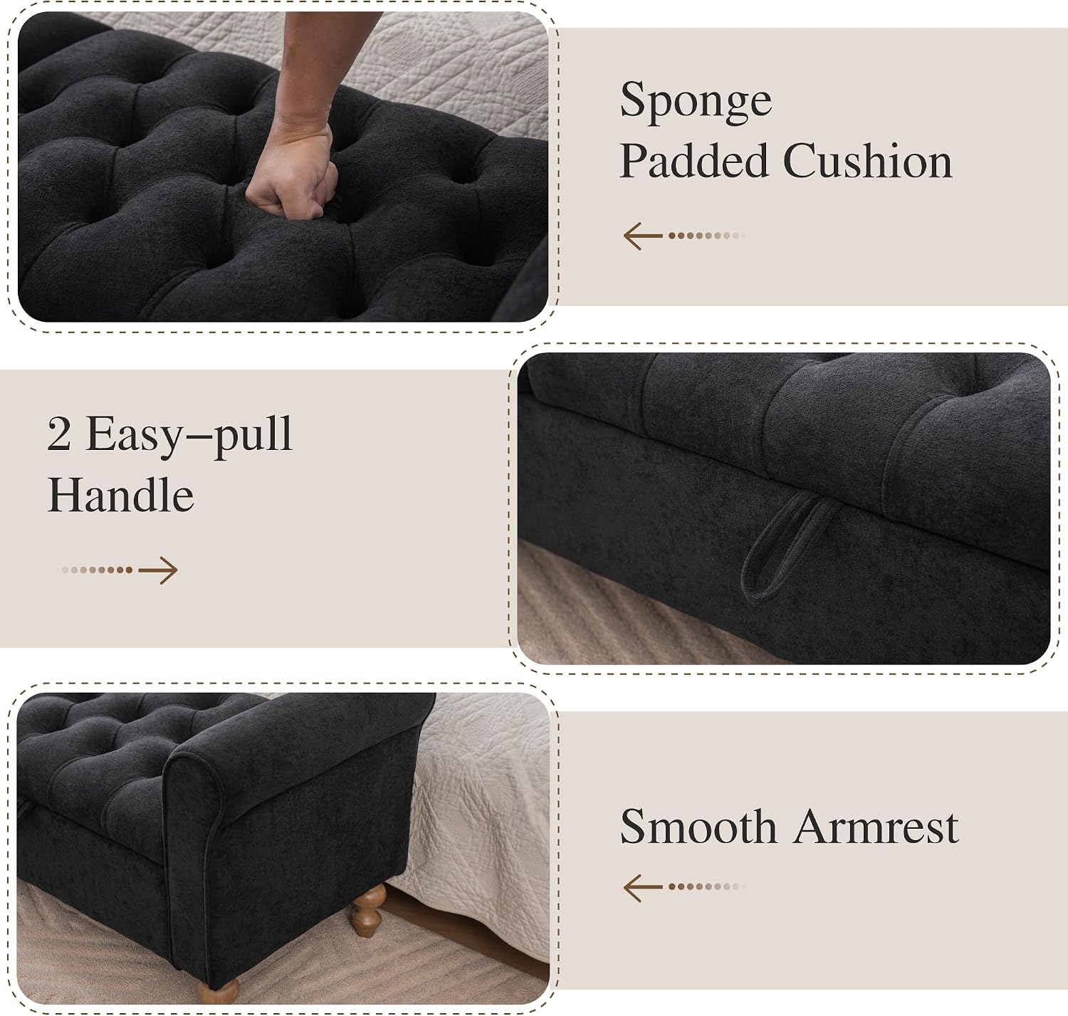 Chifee & Vingol 65" Storage Ottoman Bench Upholstered End of Bed Bench Modern Entryway Benches Double Openings Window Benches for Bedroom Living Room Entryway,Black