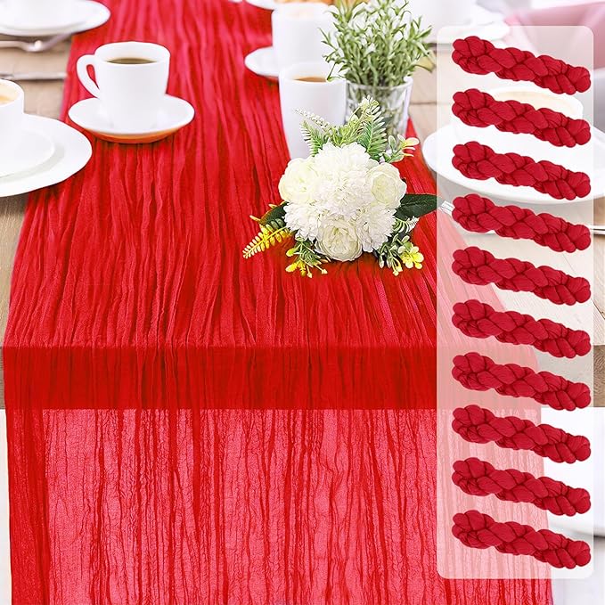 10-Pack Red Cheesecloth Table Runners – 10FT (35x120 Inch) Boho Rustic Gauze Fabric Cheese Cloth Table Runner for Weddings, Baby Showers, Bridal Shower, Farmhouse & Birthday Party Decor
