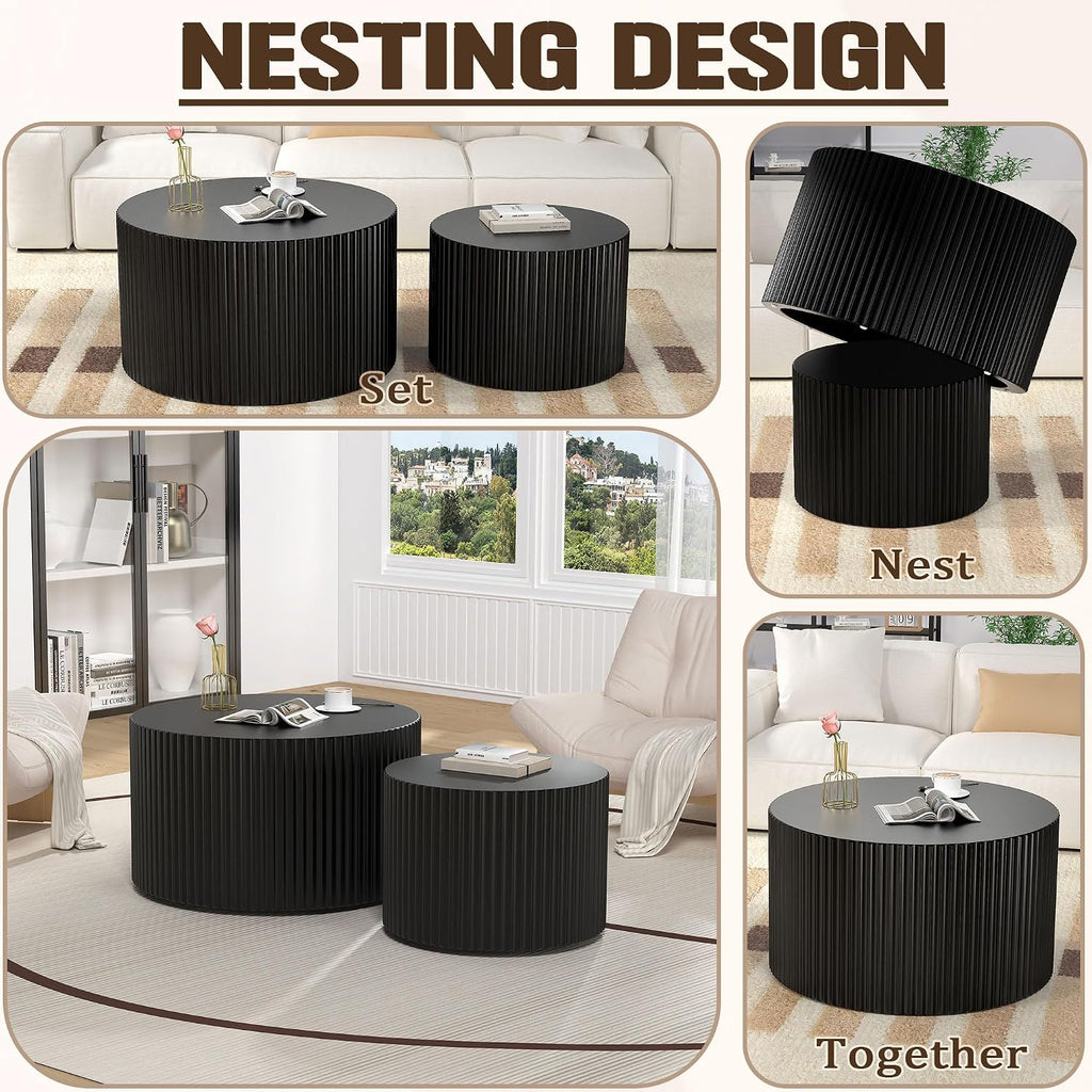 Round Wood Nesting Coffee Table Set, Wood Base Circle Center Table for Living Room, Modern Fluted Drum Side Tables Set of 2 for Apartment Small Space, Easy Assembly