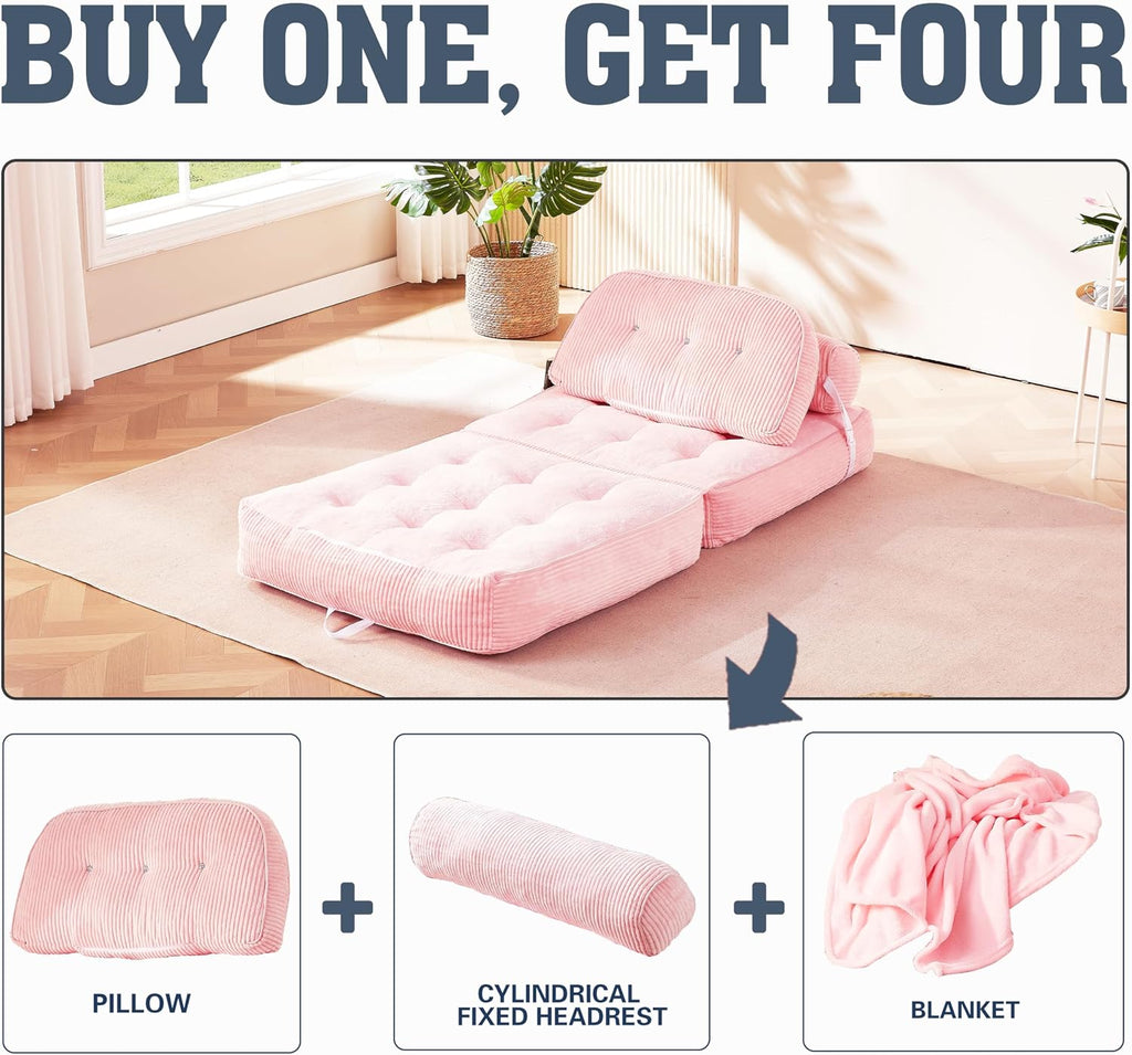Folding Sofa Bed, Flannel Futon Couch Bed with Pillow and Blanket, Convertible Sleeper Chair for Living Room Bedroom, Pink