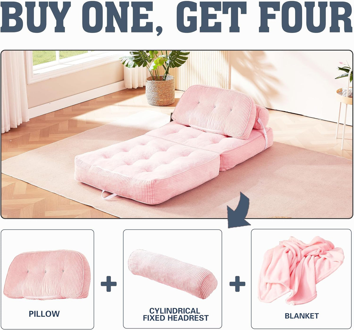 Folding Sofa Bed, Flannel Futon Couch Bed with Pillow and Blanket, Convertible Sleeper Chair for Living Room Bedroom, Pink