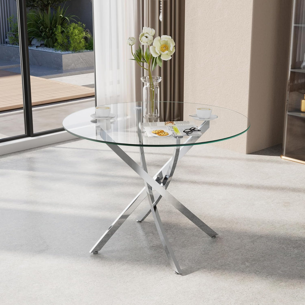 36-Inch Round Tempered Glass Dining Table for 2-4 Person Space-Saving Small Kitchen Table with Heavy-Duty Metal Legs Perfect for Dining Room, Apartment, Condo (Silver)