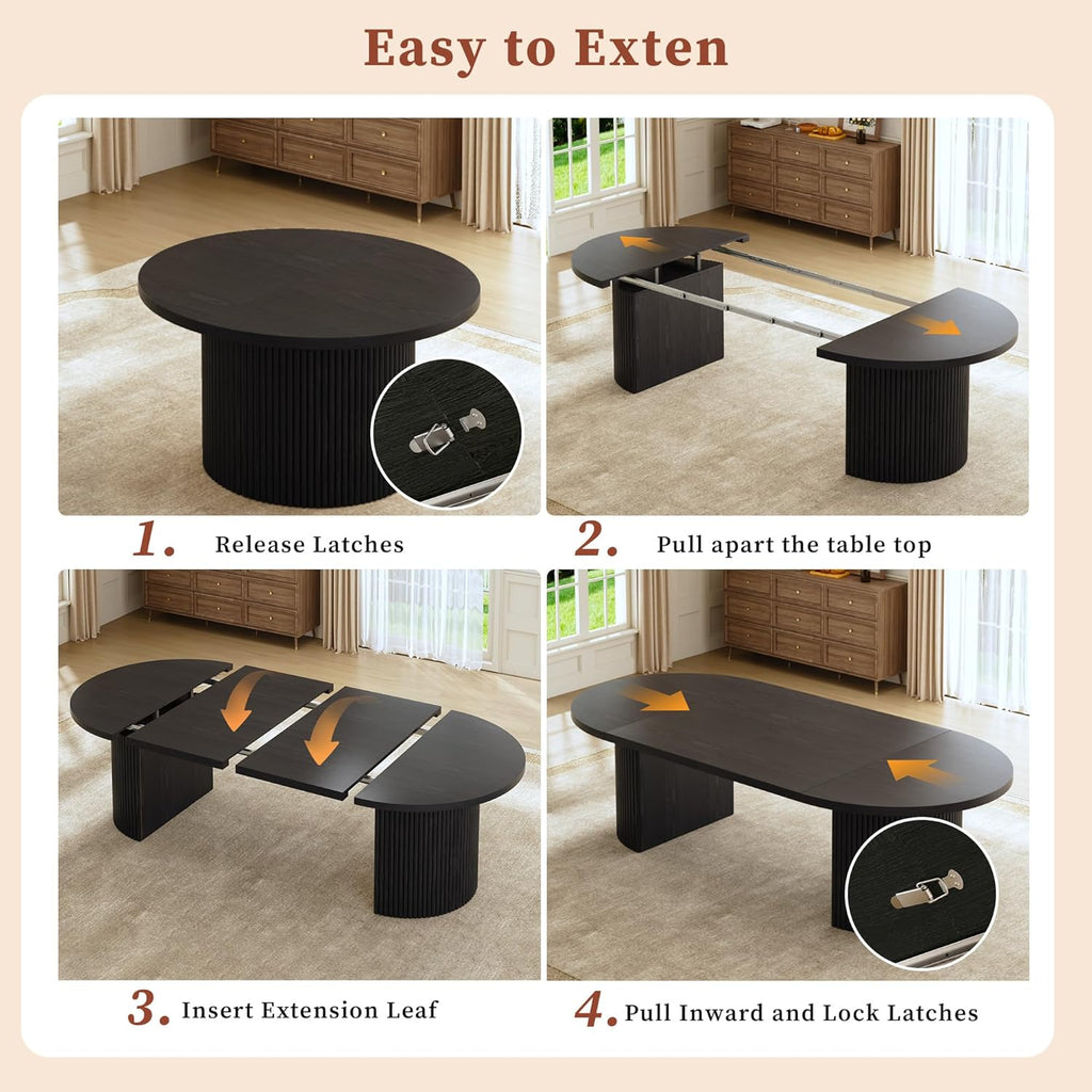 HUAHUU Extendable Round Dining Table for 4-8, 39in-77in Long Large Kitchen Table with Fluted Base, Space Saving Modern Farmhouse Oval Dinner Tables for Dining Room, Kitchen, Living Room, Natural