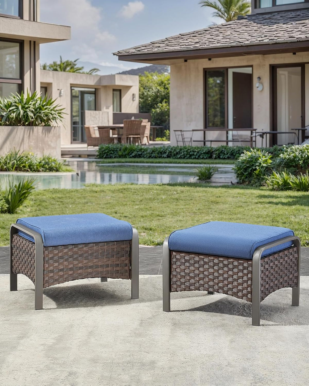 HUMMUH 2 Pieces Outdoor Wicker Ottomans-Outdoor Patio Ottoman with Removable Cushion Outdoor Footstool for Deck Lawn Porch Garden Backyard-Brown/Blue