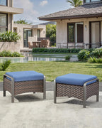 HUMMUH 2 Pieces Outdoor Wicker Ottomans-Outdoor Patio Ottoman with Removable Cushion Outdoor Footstool for Deck Lawn Porch Garden Backyard-Brown/Blue