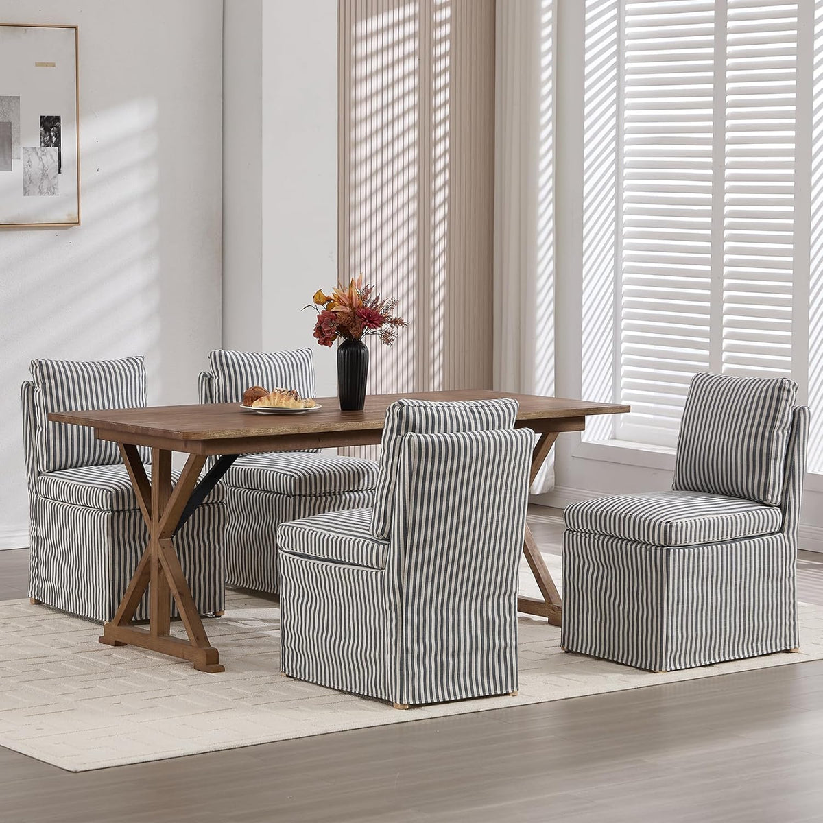 Kmax Slipcovered Dining Chairs Set of 2, Modern Upholstered Armless Kitchen Chair, Accent Single Sofa Chair for Diningroom Livingroom, Blue Stripe