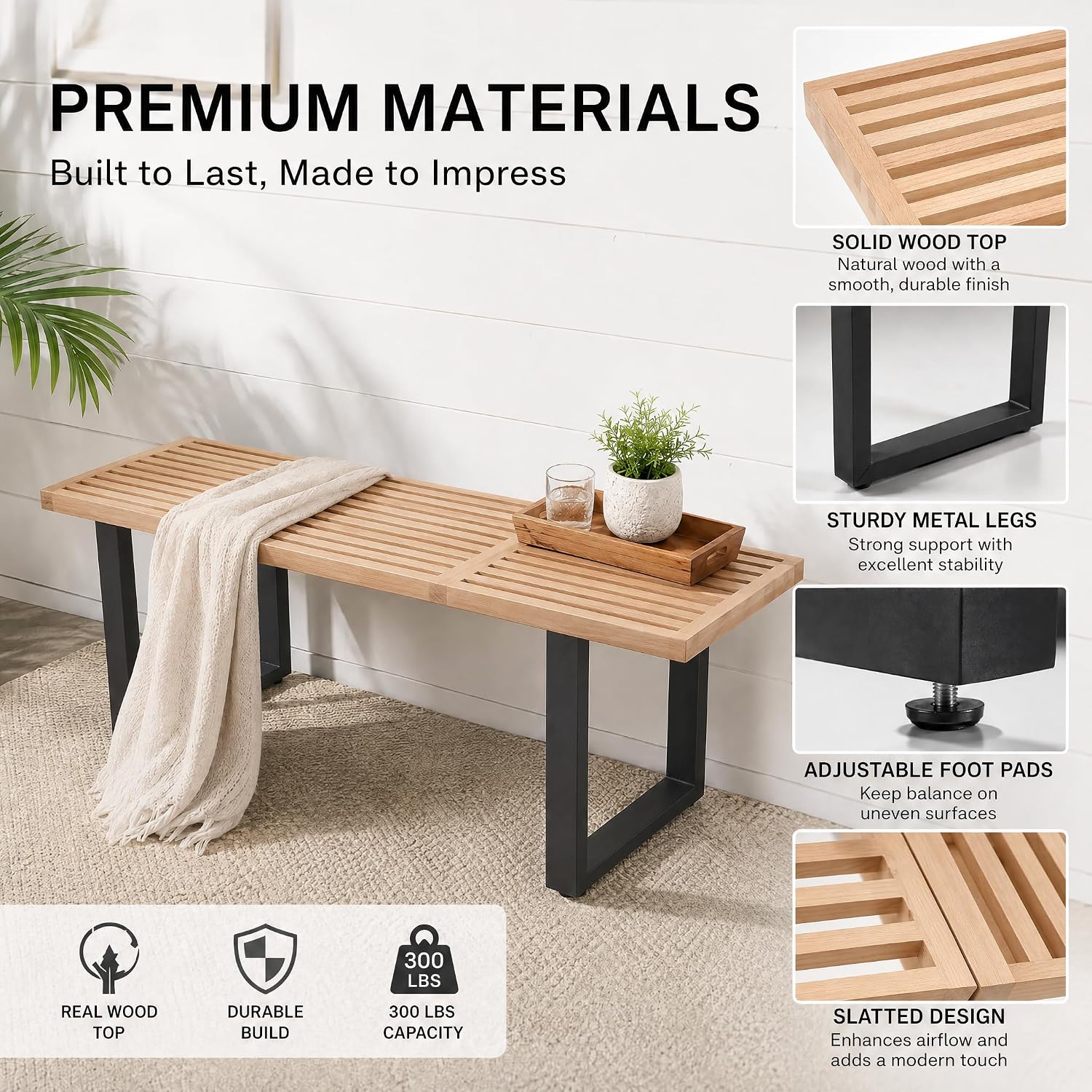 HNY Modern Entryway Bench Wood Dining Bench Minimalist Nelson Bench with Metal Legs for Bedroom Dining Room Hallway Foyer Living Room, Natural Finish