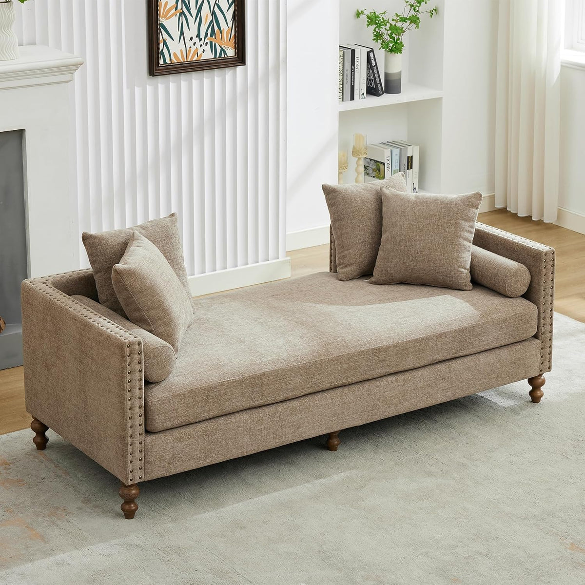 Chifee & Vingol 75.2" W Retro Oversized Chaise Lounge Chair Indoor with Left & Right Armrest,6 Pillows,Solid Wood Legs,Brown