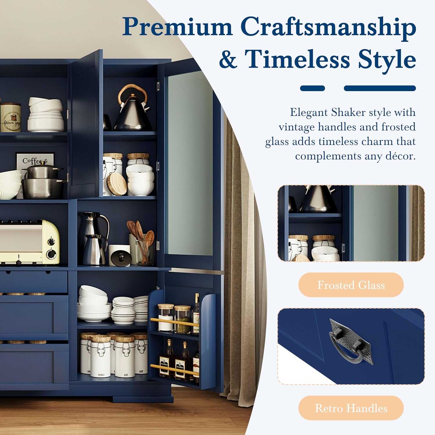 LUMISOL 78" Tall Kitchen Pantry Cabinet with Hutch and Drawers, Modern Kitchen Hutch with Door Shelf and Adjustable Shelves, Large Food Pantry Storage Cabinet for Kitchens,Dining Room, Blue