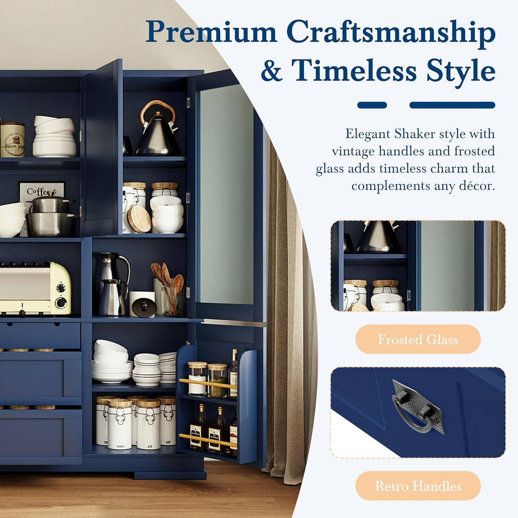 63.3" Traditional Freestanding Buffet Hutch with Storage Shelves & Organizer, Large Kitchen Pantry with Workstation (Blue17)