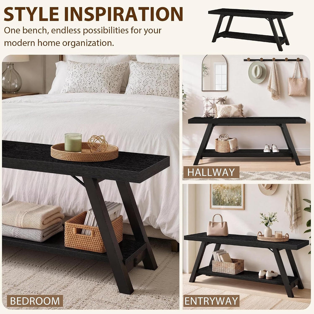 LVB Black Entryway Bench with Storage, Wood Bench for Entryway, 47 in