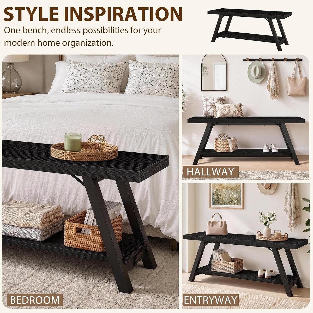 LVB Black Entryway Bench with Storage, Wood Bench for Entryway, 47 in