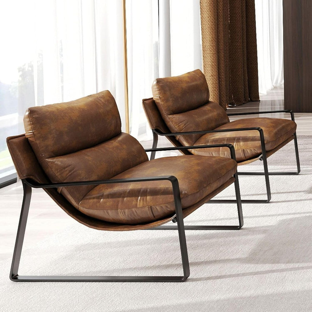 LukeAlon Set of 2 Modern PU Leather Accent Armchair, Retro Brown | Pu Leather Upholstered Living Room Chair With Metal Base & Thickened Cushion