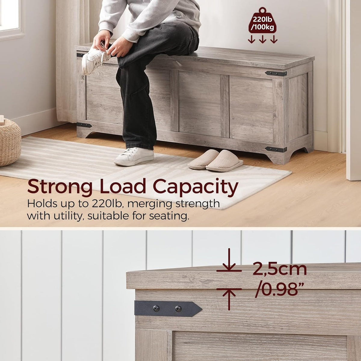 MAHANCRIS 47.2" Storage Chest Extra Large, Wooden Storage Bench with 2 Safety Hinges, Entryway Shoe Bench, 47.2x15.7x19.7 Inch, Easy Assembly, Storage Trunk for Living Room, Bedroom, Greige SCHG4901