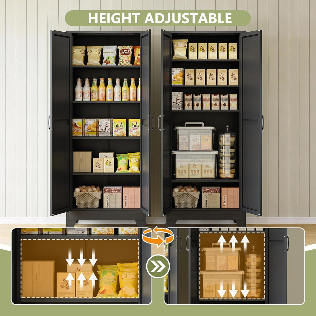 RAVIGIN Farmhouse Storage Cabinet,75" H Metal Pantry Cabinet with Barn Doors and Adjustable Shelves,75" H 6-Tier Rustic Pantry Organizers for Kitchen,Dining Room,Black