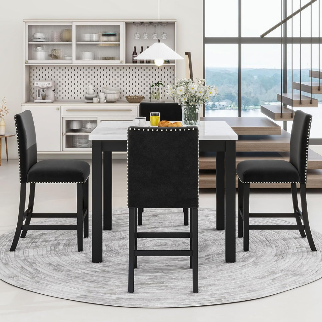 Merax Dining Table Set, 5 Piece Counter Height Dining Table Set with Faux Marble Dining Table and 4 Upholstered-Seat Chairs, Dining Room Table Set for Kitchen/Living Room, Black