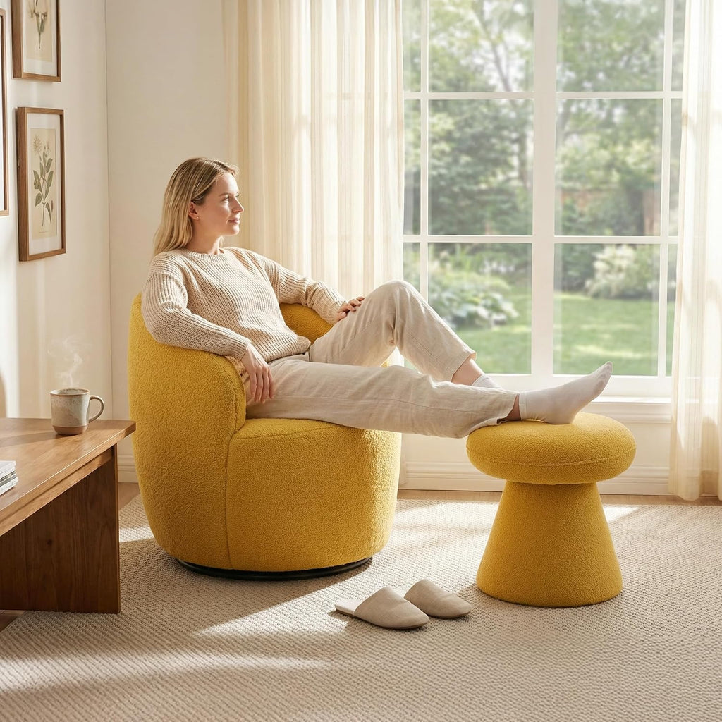 FOXHUNTER Mushroom Ottoman Foot Rest Pouf Ottoman with 360° Rotation, Footstool for Makeup Room Living Room Bedroom Entrance(Yellow, Teddy)