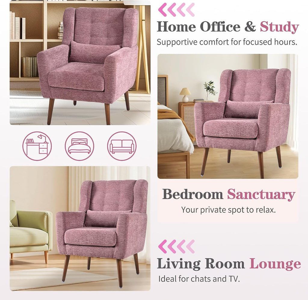 Modern Accent Chair, Upholstered Armchair with Pillow, Fabric Single Sofa Chair with Lounge Seat Solid Wood Legs Accent Chair for Living Room Bedroom Small Spaces (Purple)