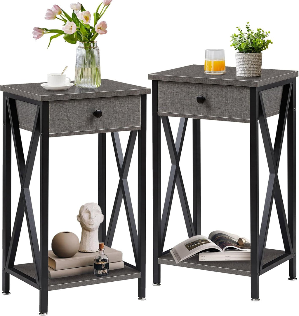 VECELO Tall Nightstand,27.6 inch Wooden End Table with Metal X-Frame,Side Table with Drawer and Storage Shelf for Living Room Bedroom Entryway Small Spaces