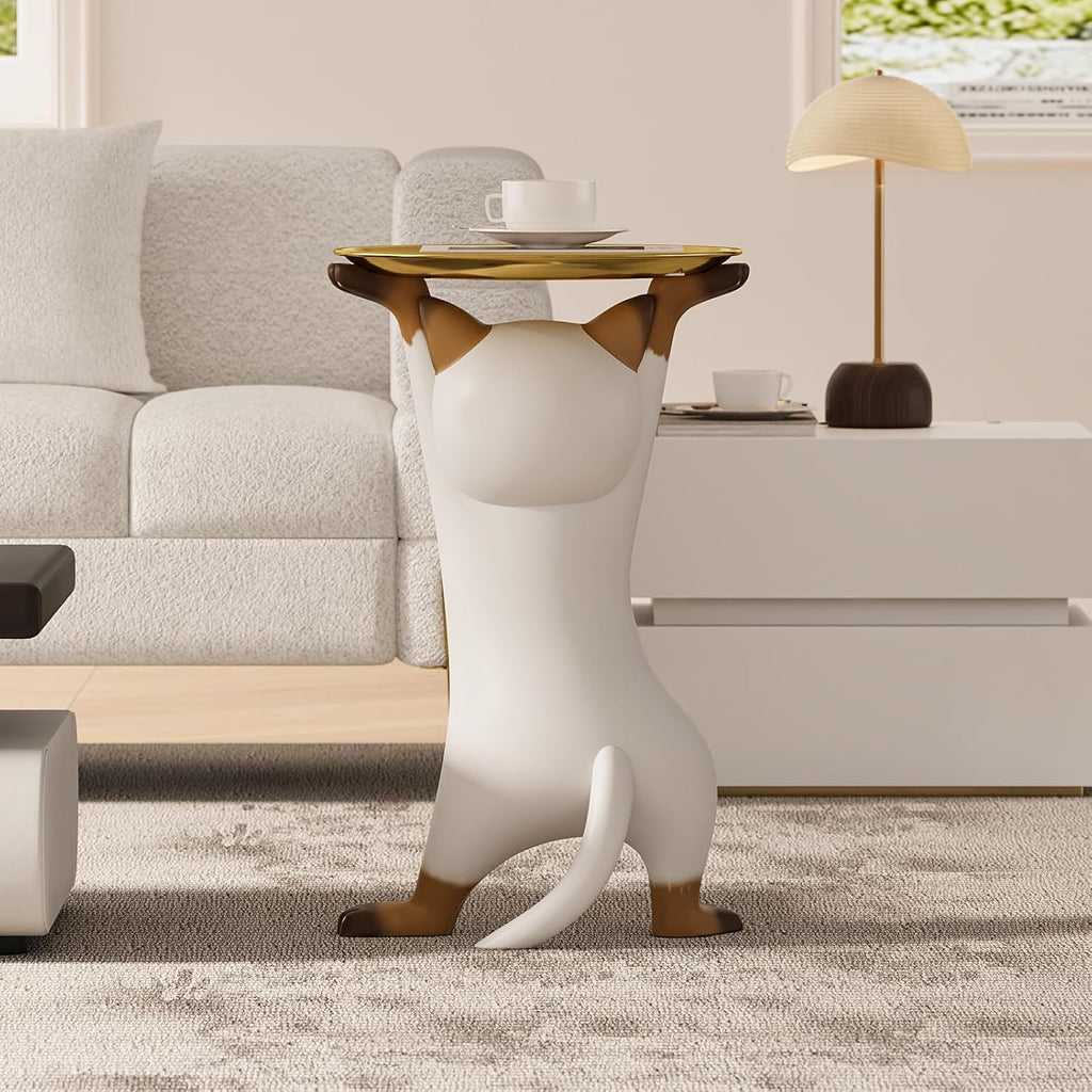 homary Cat Side Table with Gold Tray – Resin Animal Figurine End Table, Small Coffee Table for Sofa Side, Living Room, Bedroom, or Entryway Decor (Cat-A)