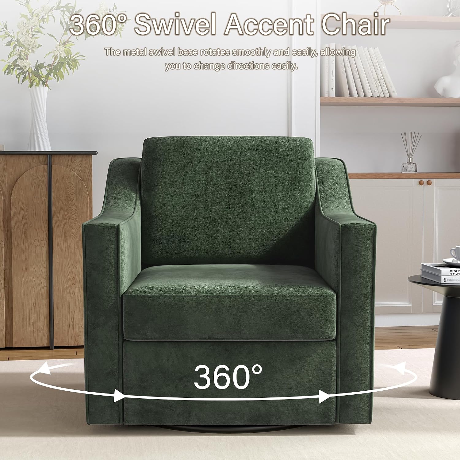 Swivel Accent Chairs Set of 2, 360° Swivel Armchairs with Deep Seat, Green | Soft Chenille | Ergonomic Supports Lumbar | Metal Swivel Base | Deep Padded Seat for Reading & Relaxing, Living room