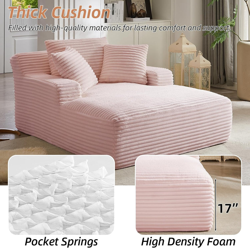 Oversized Chaise Lounge Chair Indoor Bedroom, Comfy Corduroy Upholstered Sofa Bed Chair, Deep Seat Single Sofa Couch, No Assembly Required Sleeper Chair Sofa for Living Room (Light Pink)