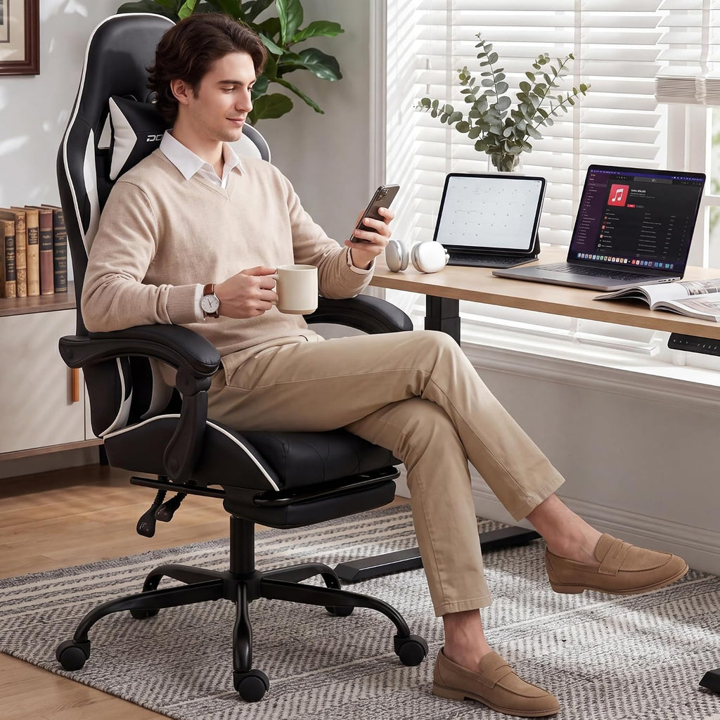 Dowinx Gaming Chair with Footrest, Ergonomic Office Chair, Black White | PU leather over high-density foam with lumbar support; steel frame holds 300 lbs; built for WFH, study, and napping