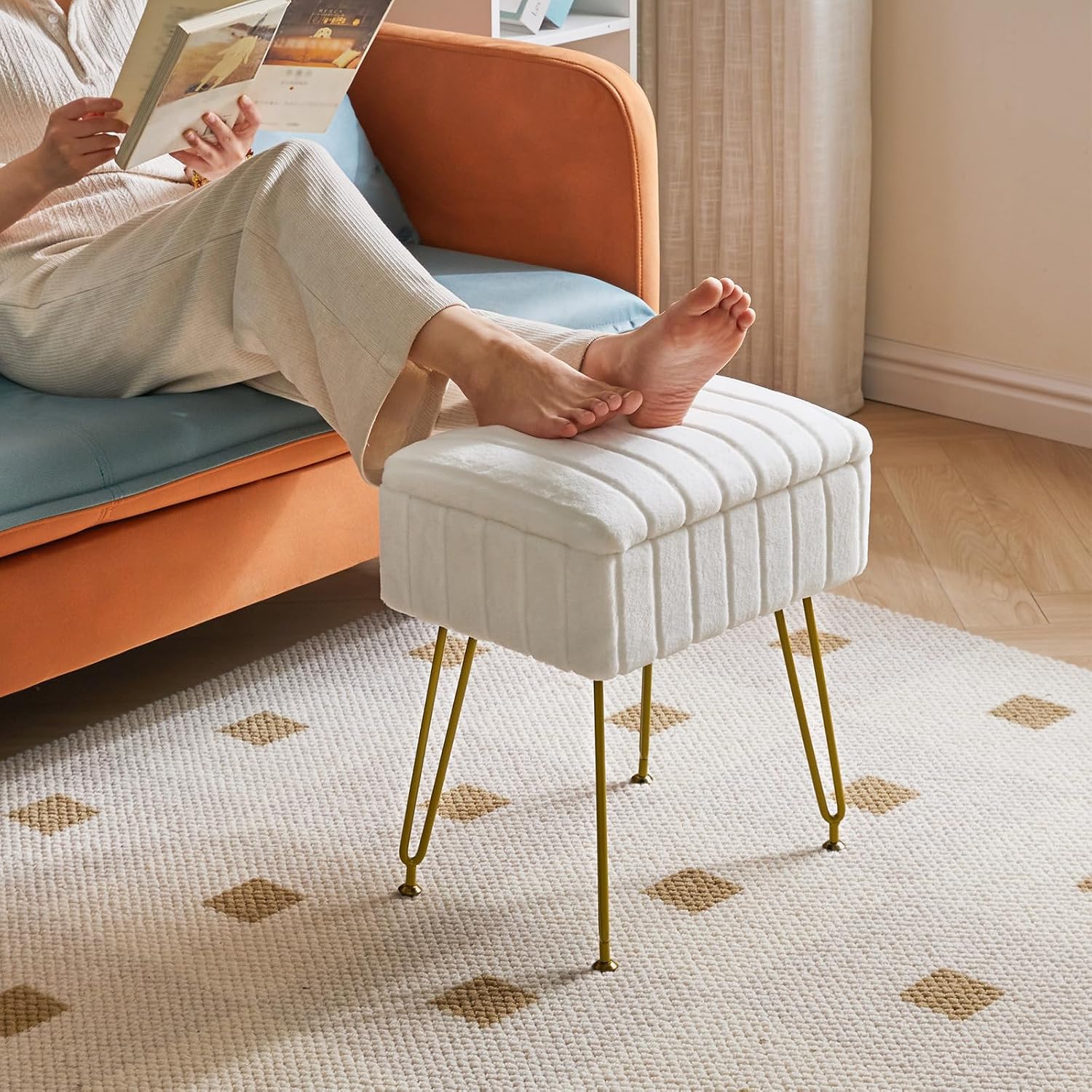 IBUYKE Vanity Chair with Storage, Faux Fur Footrest Ottoman, White LG-50W | Small Side Table Vanity Stool Makeup Room Bedroom Anti-Slip Feet