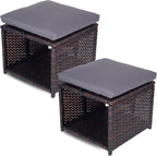 Outdoor Storage Ottoman (Set of 2) - All-Weather Wicker Patio Footstool with Washable Cushions - Sturdy Rattan Foot Rest & Hidden Box for Deck, Porch, Backyard & Balcony