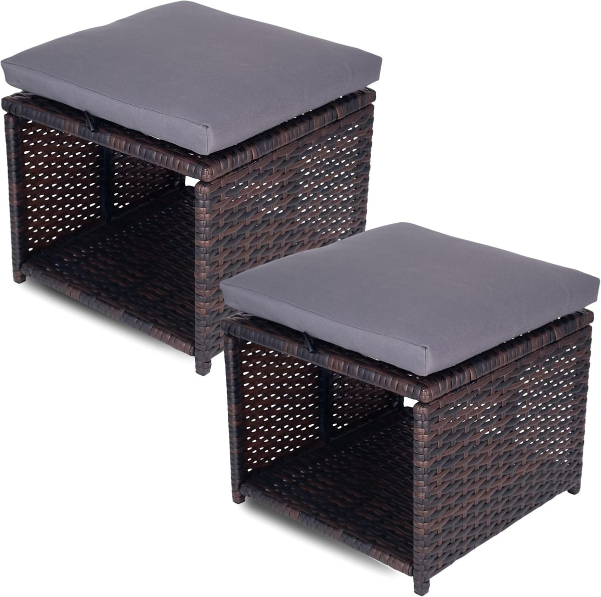 Outdoor Storage Ottoman (Set of 2) - All-Weather Wicker Patio Footstool with Washable Cushions - Sturdy Rattan Foot Rest & Hidden Box for Deck, Porch, Backyard & Balcony