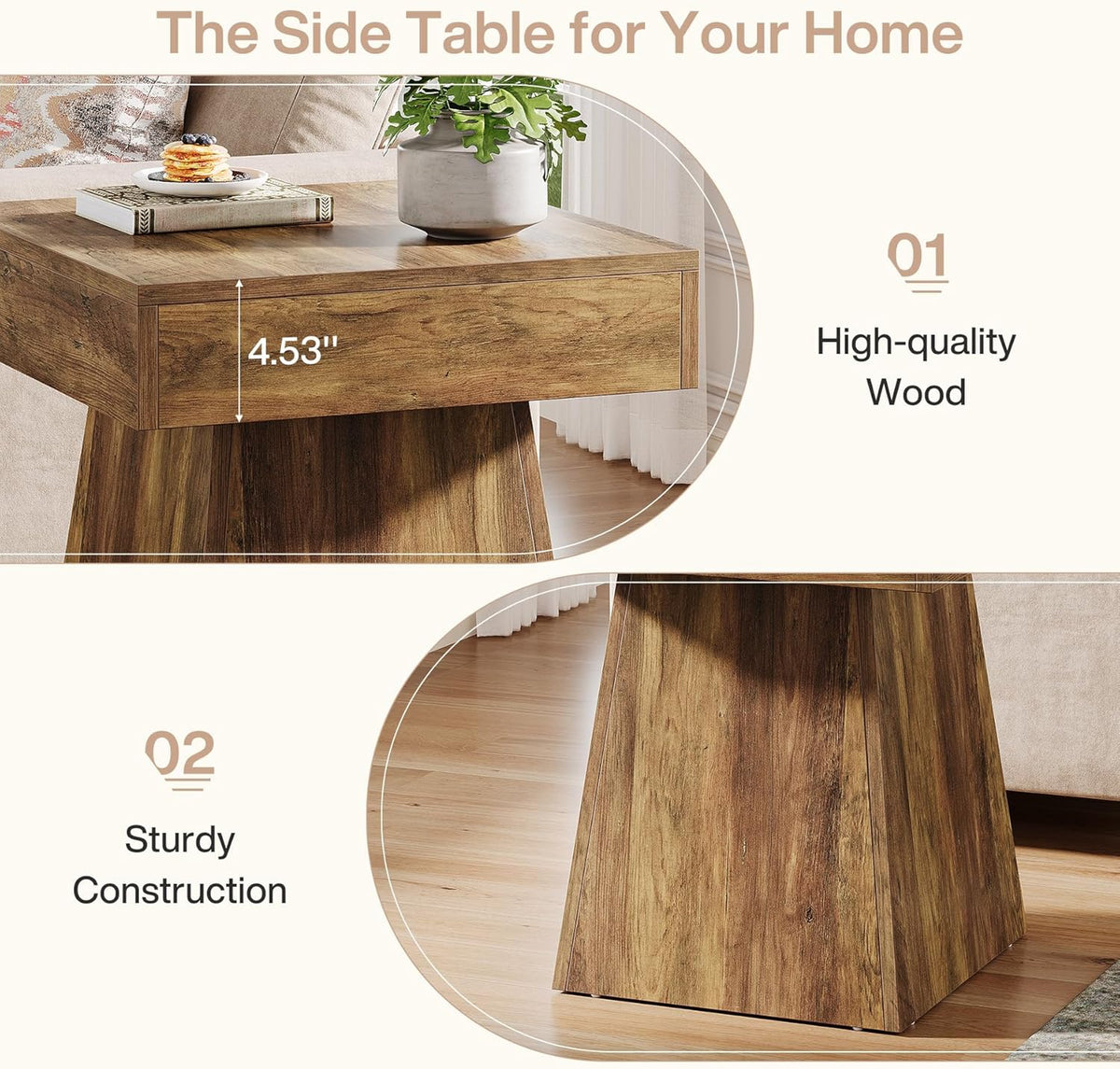 Tribesigns Small End Table, Rustic Square Side Table with Wide Base, Farmhouse Small Nightstand Beside Bed, Next to Armchair, for Living Room, Brown