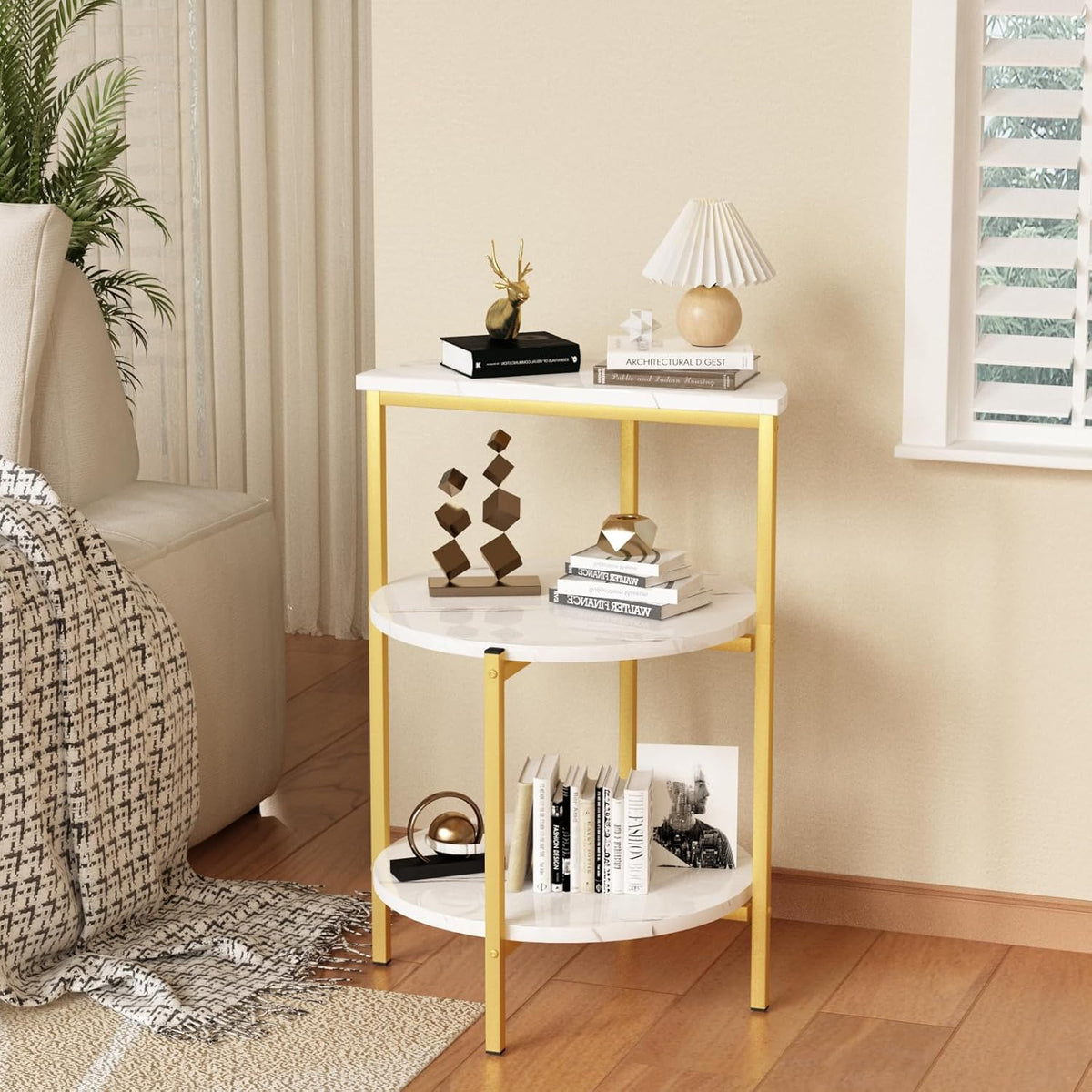 AWQM Marble Side End Table Set, 3-Tier Sofa Side Table, Small Round Coffee, Table Bedside Table of 2, Corner Table w/Metal Frame for Living Room Bedroom, White+Gold